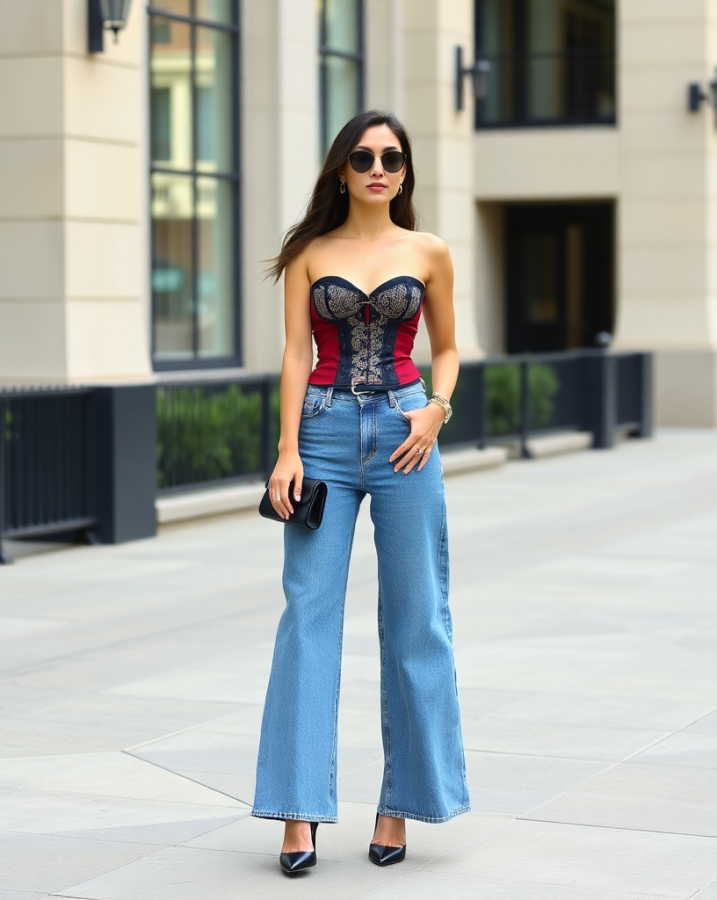 A lady dressed in a fashion-forward Y2K outfit featuring a stylish corset top paired with wide-leg jeans, creating a striking and modern look.