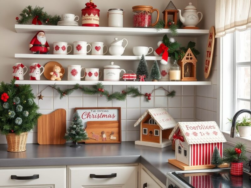 A warm, vintage-inspired Christmas kitchen with festive decor.