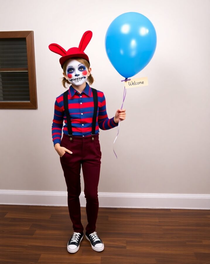 A person dressed as the creepy Balloon Boy, capturing the unsettling and eerie atmosphere of the FNAF character.