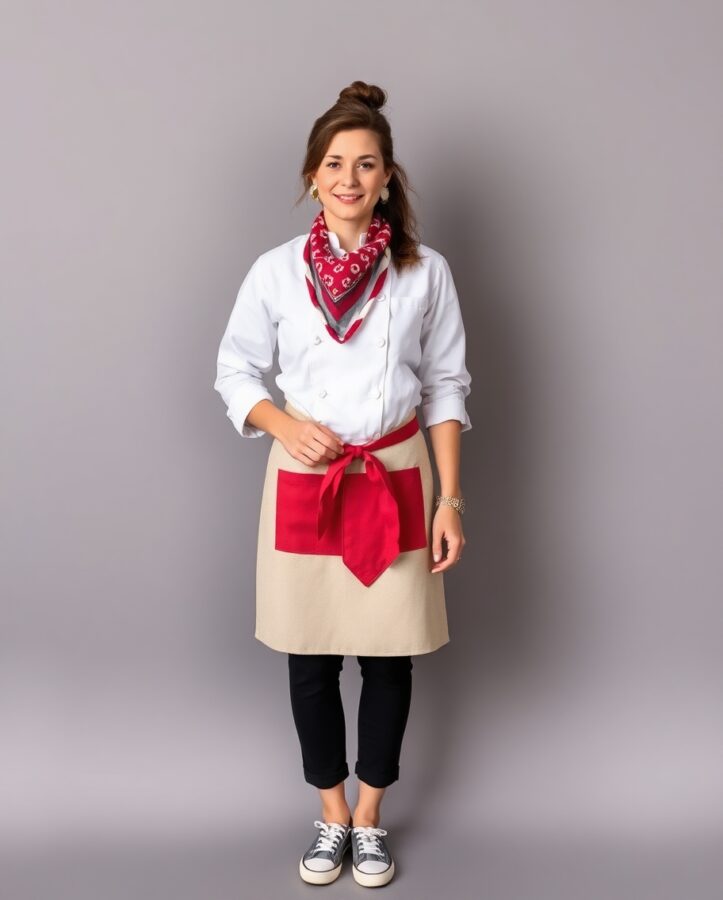 Comfortable outfit blending practicality and style, perfect for culinary creativity.