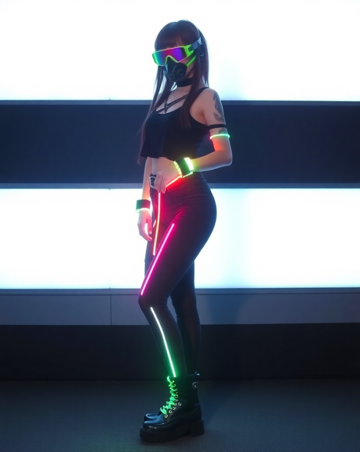 A lady dressed in a futuristic Cyber Goth ensemble, a striking blend of dark aesthetics and vibrant technology.