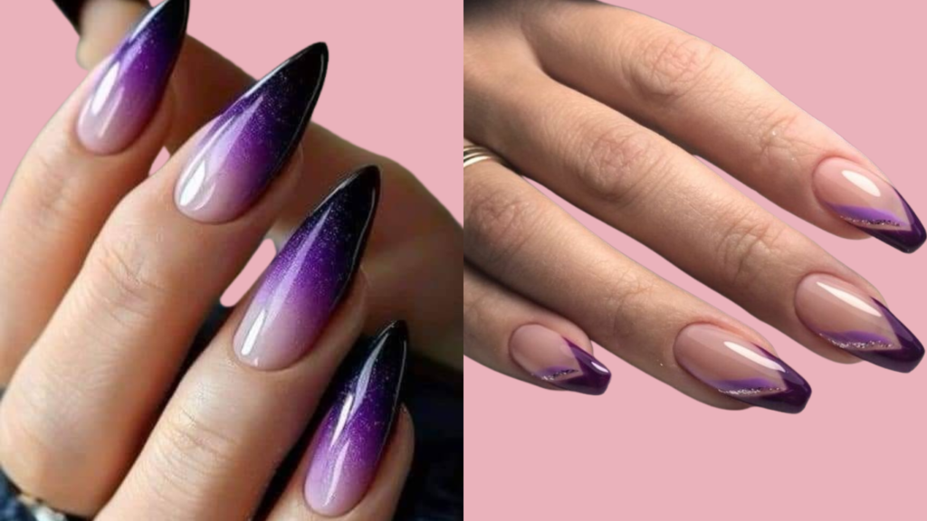 Elegant dark and light purple nails blending rich, deep hues with soft, delicate tones. 