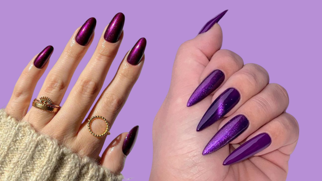 Bold dark purple chrome nails with a sleek, reflective finish.