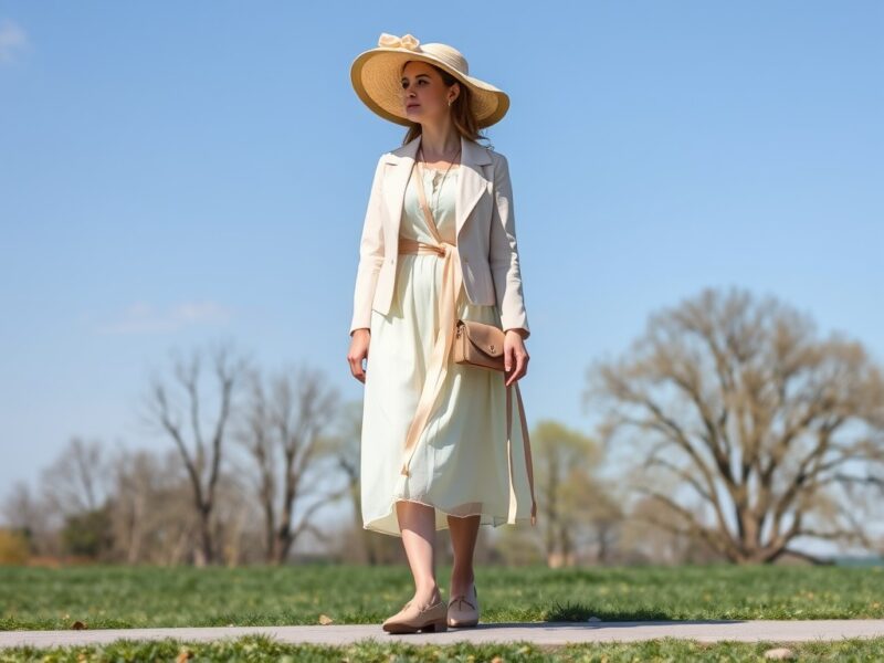 A woman wearing a simple, yet elegant day dress with a high neckline and a fitted bodice, ideal for a leisurely stroll during the Regency era.