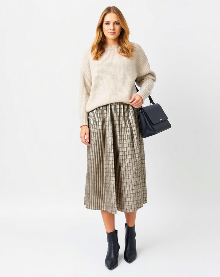 A lady dressed in a comfortable yet stylish daytime outfit, featuring an oversized sweater paired with a flowing pleated skirt.