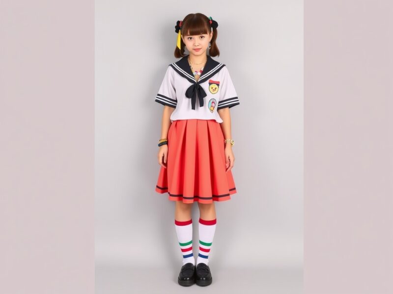 a lady dressed in a playful Decora Schoolgirl ensemble, blending classic schoolgirl attire with vibrant Decora elements, creating a fun and youthful style.