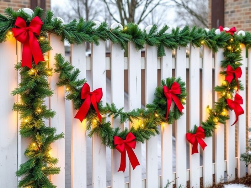 A festive fence decorated with vibrant ribbons and lush garlands, adding a cheerful and welcoming touch to the holiday outdoor decor.