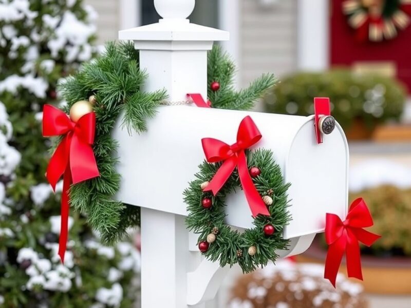 A festive mailbox adorned with red ribbons, greenery, and a bow, adding holiday cheer to the front yard.