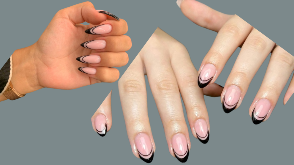 Double black French tip nails featuring two thin lines that create a layered, dimensional effect.