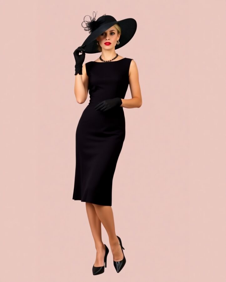 A lady dressed in a stunning elegant black dress with a retro glamour vibe, featuring a sleek silhouette, delicate embellishments, and a timeless appeal perfect for a 'dress to impress' outfit.