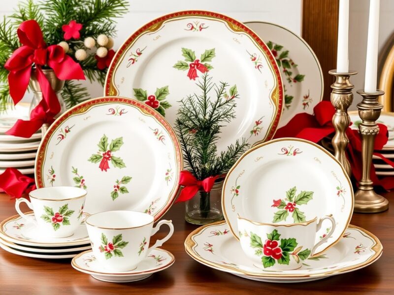 A beautifully arranged display of elegant holiday china, featuring fine porcelain plates, cups, and saucers adorned with festive designs.