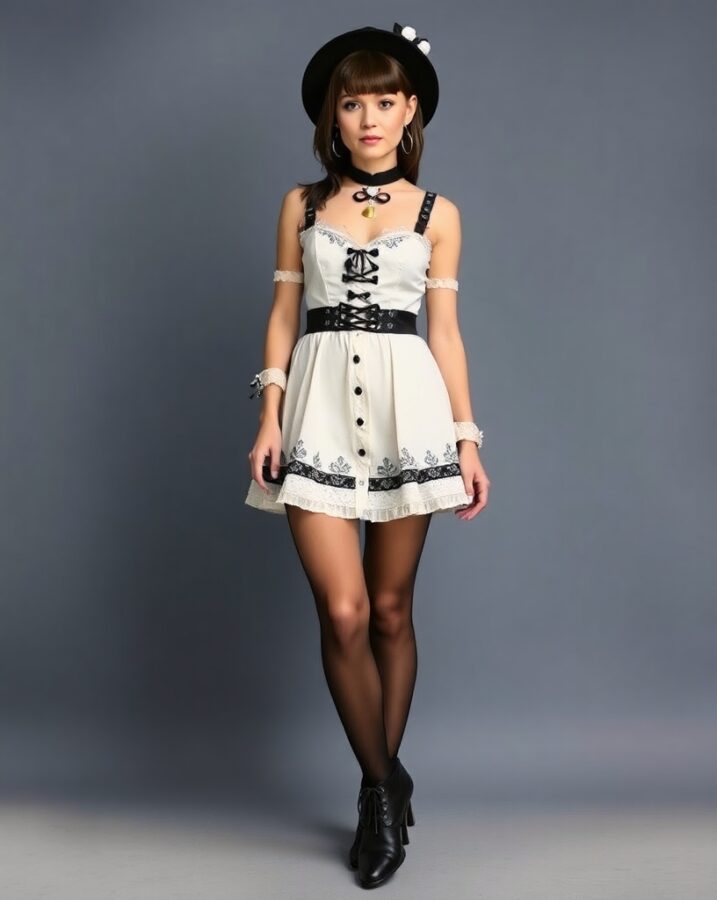 A lady dressed in a stylish Metamorphose Temps de Fille jumper dress, showcasing a unique and confident interpretation of Lolita fashion.