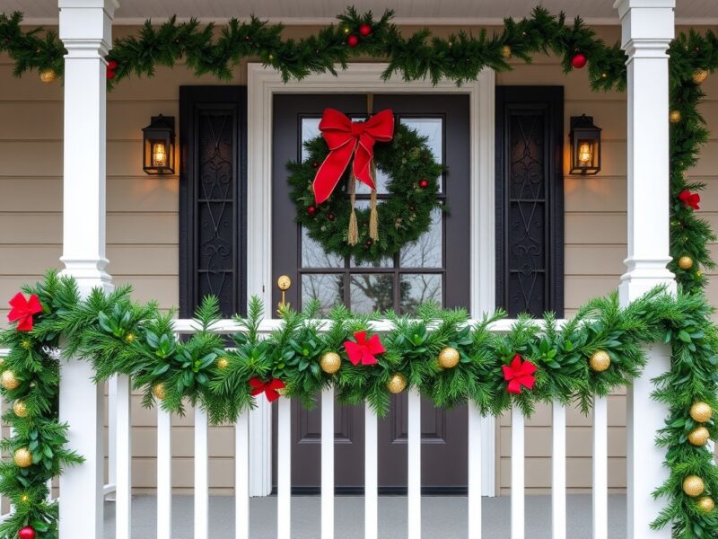 An outdoor porch decorated with evergreen garland wrapped around the railing, paired with festive red ribbons 