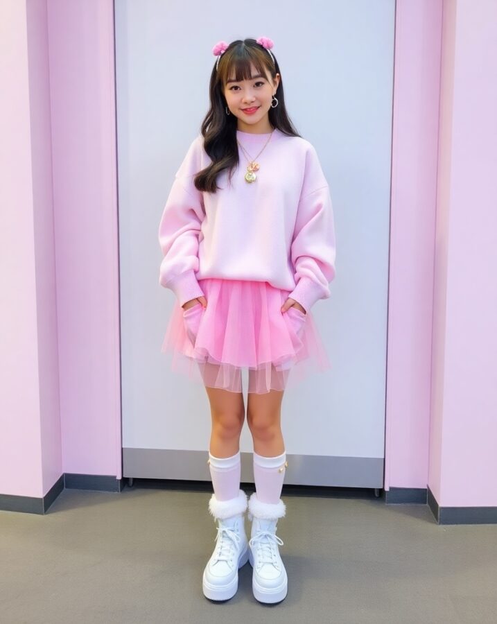 A lady dressed in a whimsical Fairy Kei outfit, embracing the enchanting and dreamy world of Harajuku fashion.