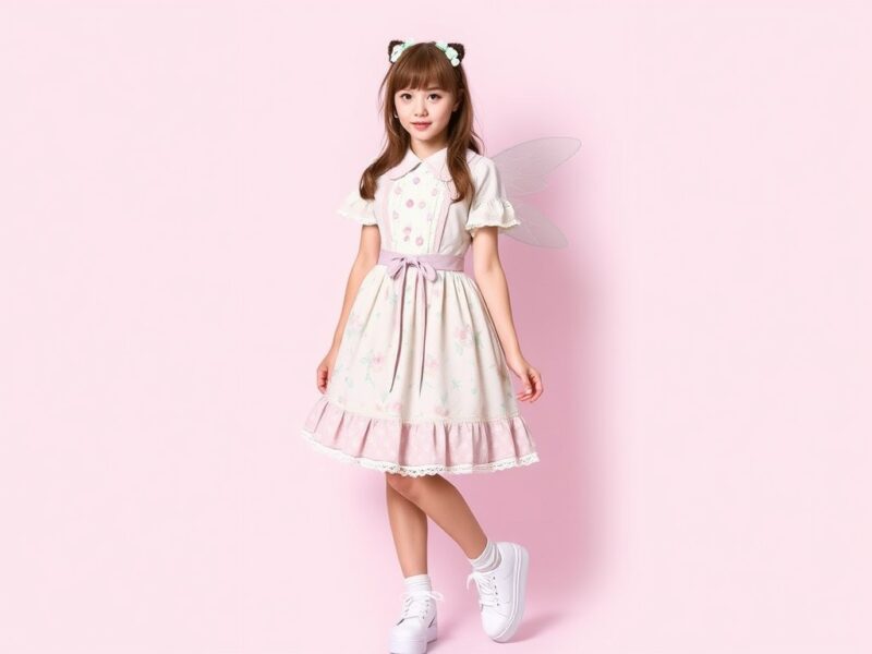 A lady dressed in a whimsical Baby, the Stars Shine Bright jumper dress, embodying the ethereal charm of Fairy Kei Lolita fashion.