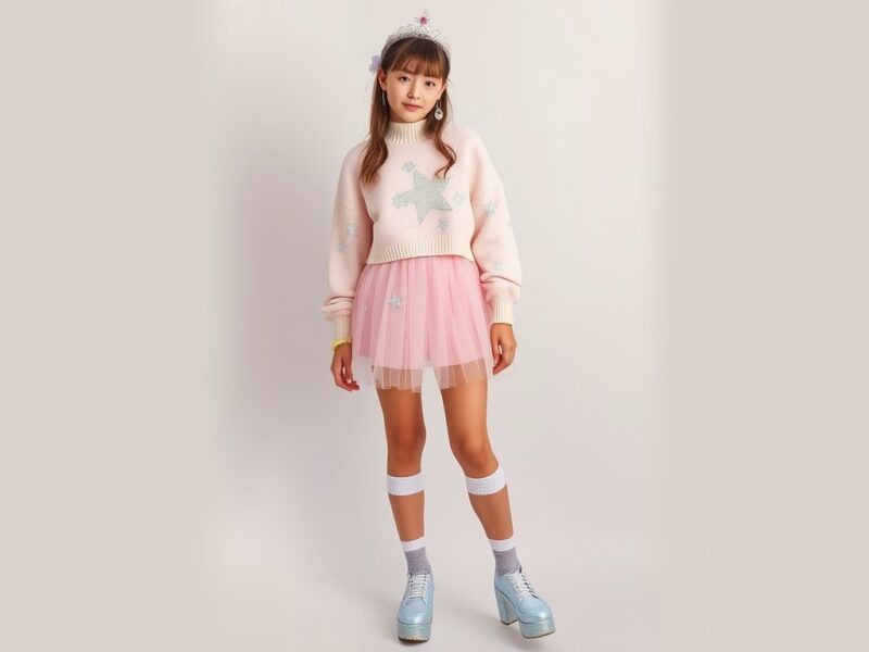 a lady dressed in a whimsical FairyKei Fantasy Decora look, featuring ethereal colors, delicate fabrics, and whimsical accessories, creating a magical and enchanting aesthetic.