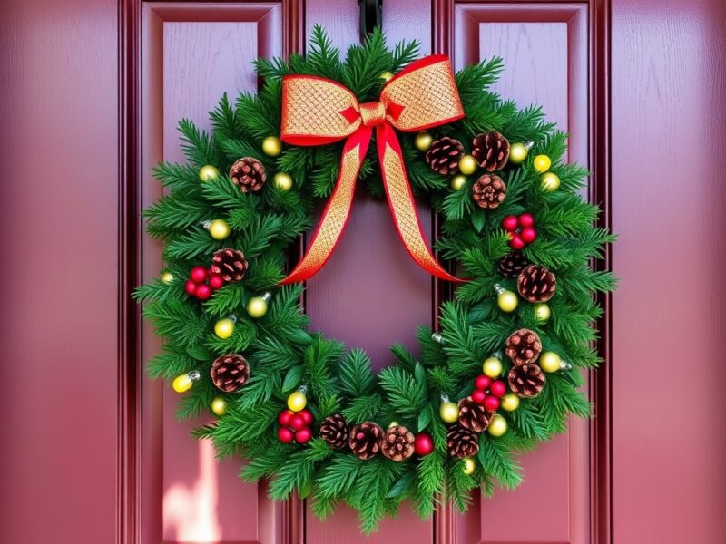 A colorful and festive Christmas wreath hanging on a front door, decorated with vibrant red bows, pinecones, and greenery.