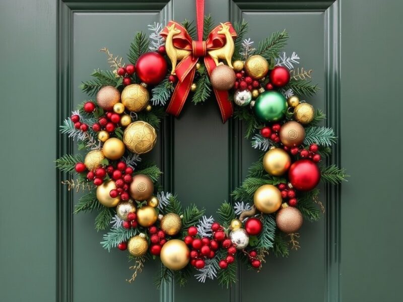 A festive vintage Christmas wreath with red ribbons, and colorful ornaments, creating a warm holiday welcome.