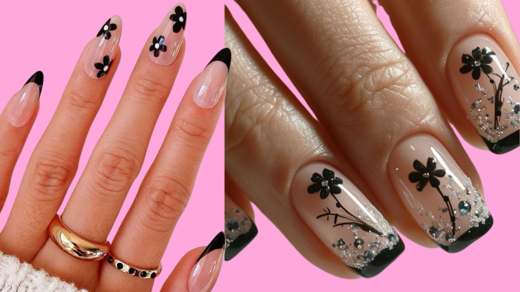 Intricate floral accents on the nails adding a touch of elegance and femininity.