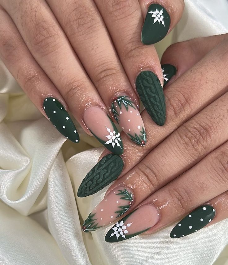 Forest green nails with a cozy sweater knit design, perfect for winter. #forestgreennails #sweaternails #winternails