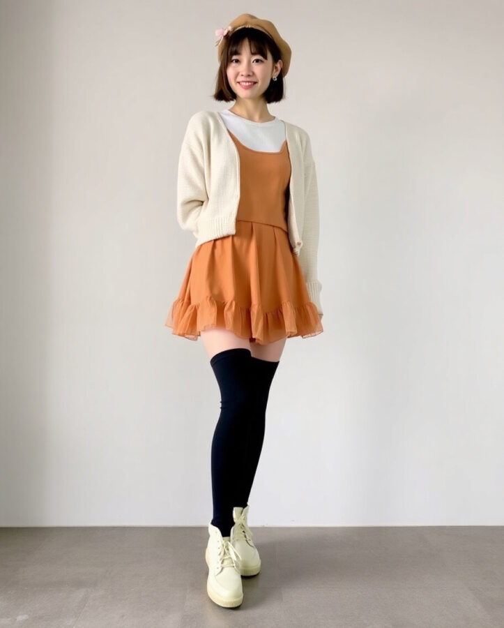 A playful outfit featuring a frilly, layered skirt paired with chunky platform shoes. The look blends soft femininity with bold, edgy footwear.