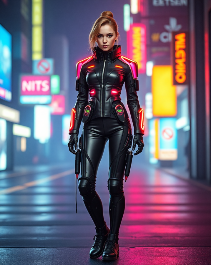 A lady dressed in a sleek and futuristic cyberpunk suit that blends high-tech elements with a rebellious edge.