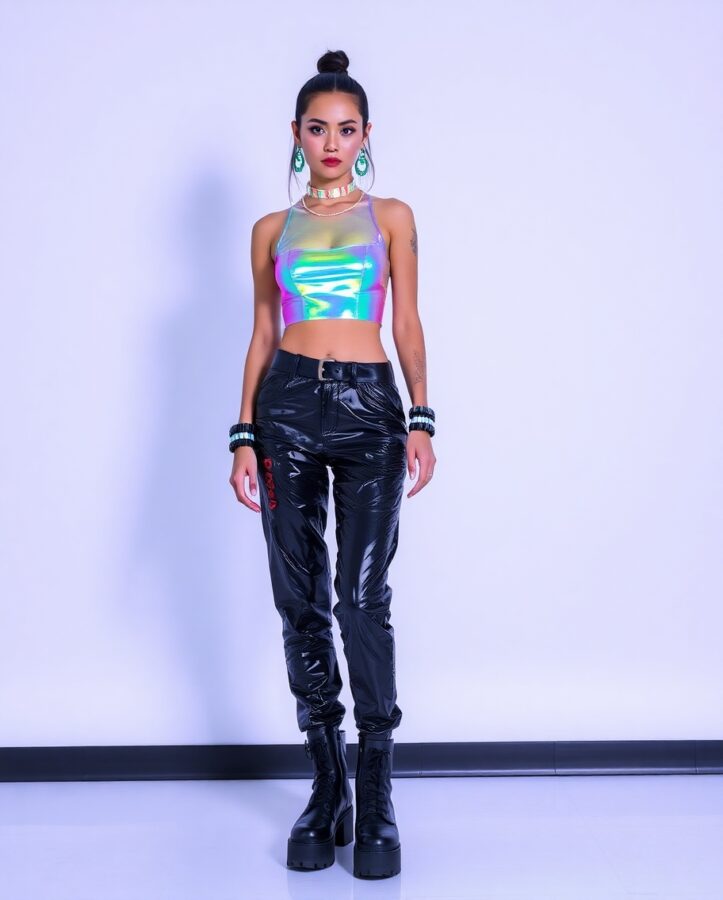 Bold, edgy look with neon accents, metallic fabrics, and high-tech accessories for a cyberpunk vibe.