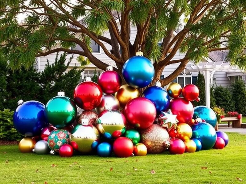 A vibrant display of oversized Christmas ornaments in various colors, arranged in a festive outdoor setting 