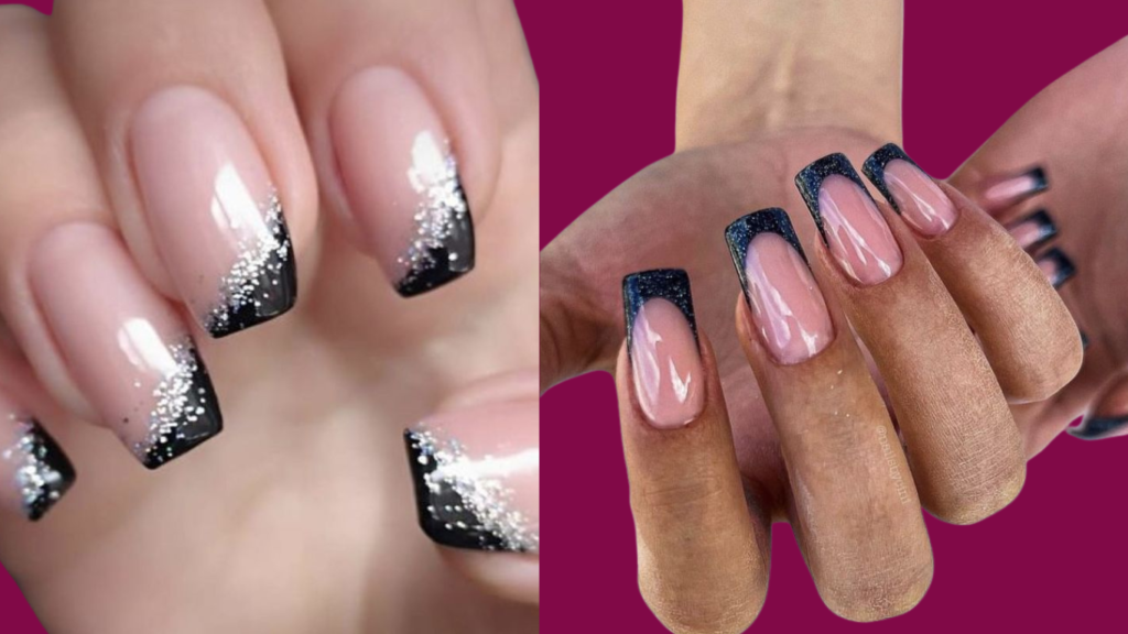 Nails with shimmering glitter tips, creating a bold and eye-catching glamorous style.