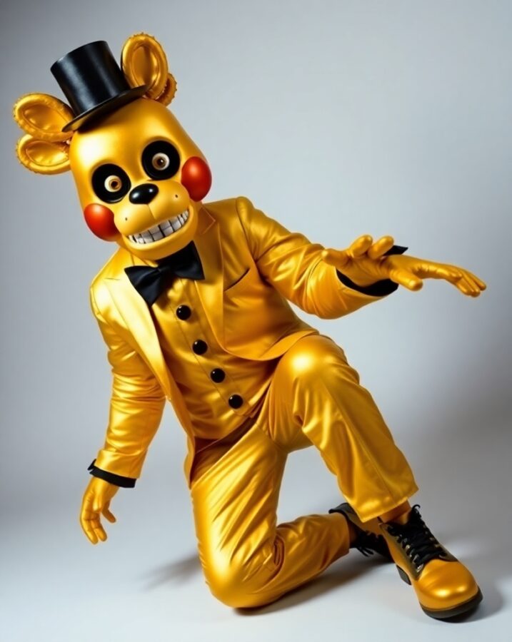 A man dressed as the enigmatic Golden Freddy, capturing the mysterious and terrifying aura of the FNAF character.