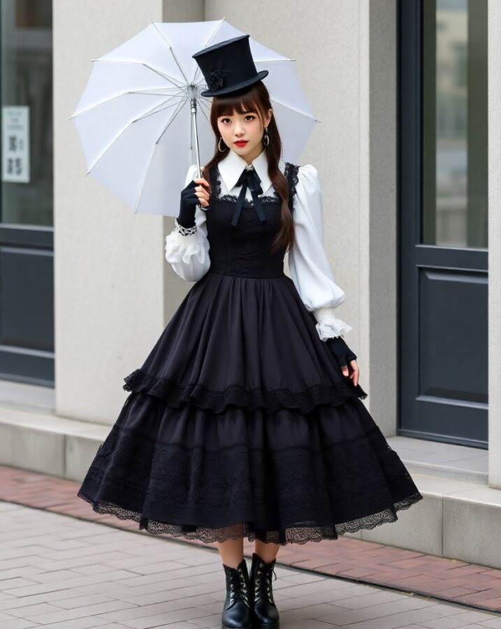 A lady dressed in a captivating Gothic Lolita outfit, embracing the dark and elegant aesthetic of Harajuku fashion.