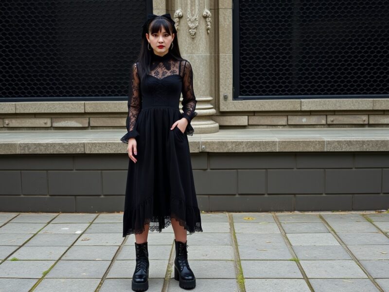 A lady dressed in an elegant Innocent World jumper dress, showcasing the captivating allure of Gothic Lolita fashion.