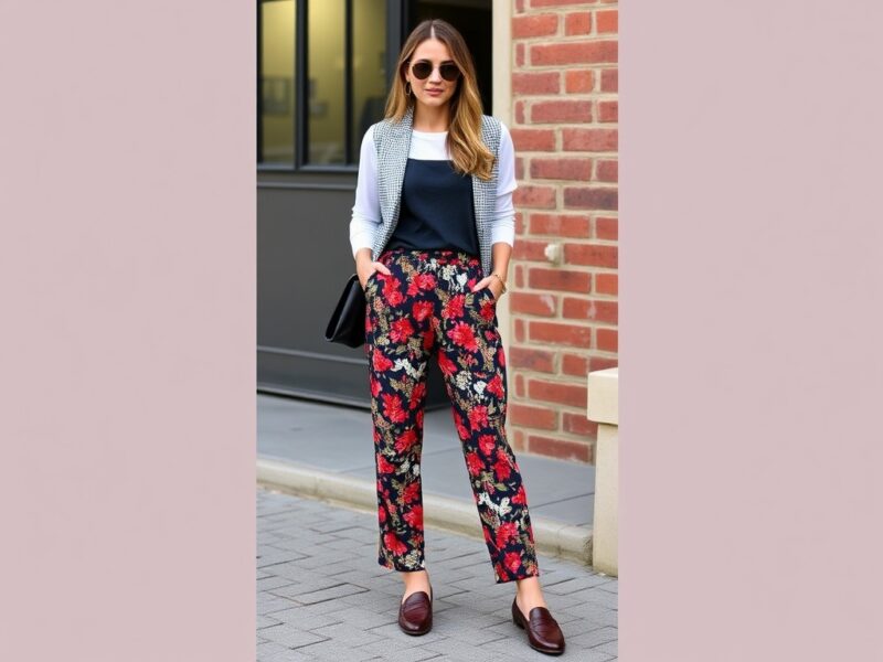 A lady dressed in a stylish outfit featuring a graphic tee paired with eye-catching patterned trousers.