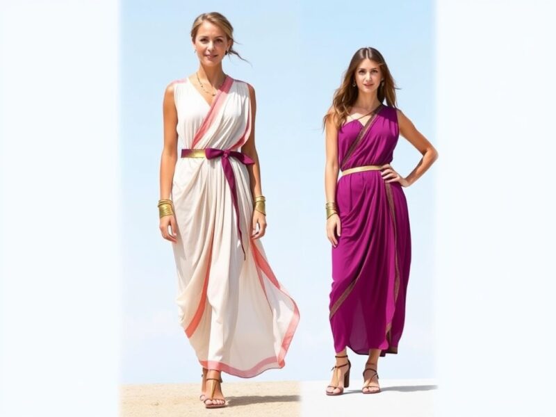 Two woman draped in a flowing, white and purple Greek Peplos,  belted at the waist.