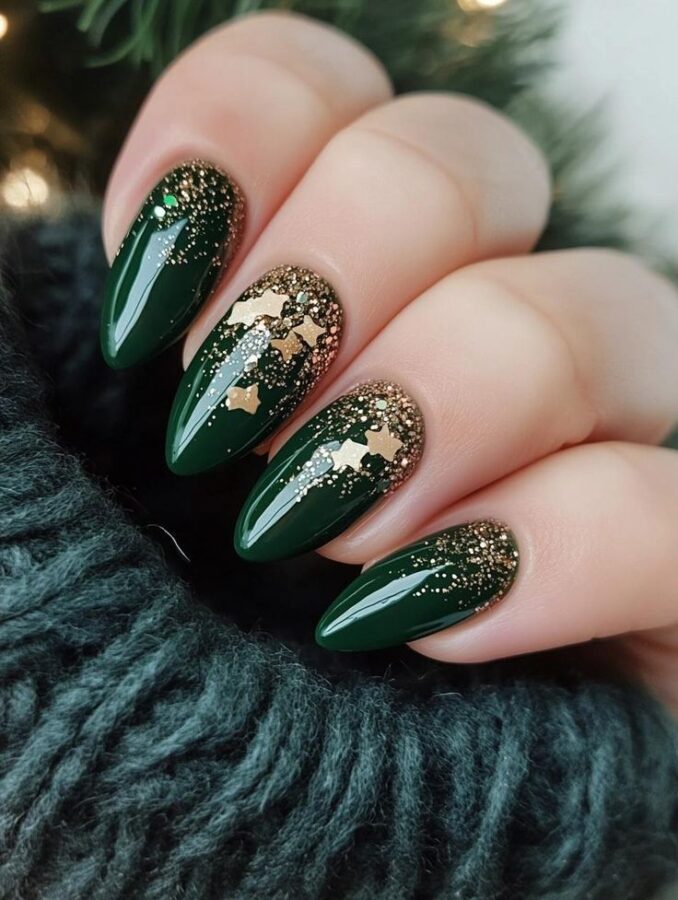 Nails painted with a striking combination of green and gold, creating a luxurious and elegant look. #greengoldnails #goldnails #darkgreennails