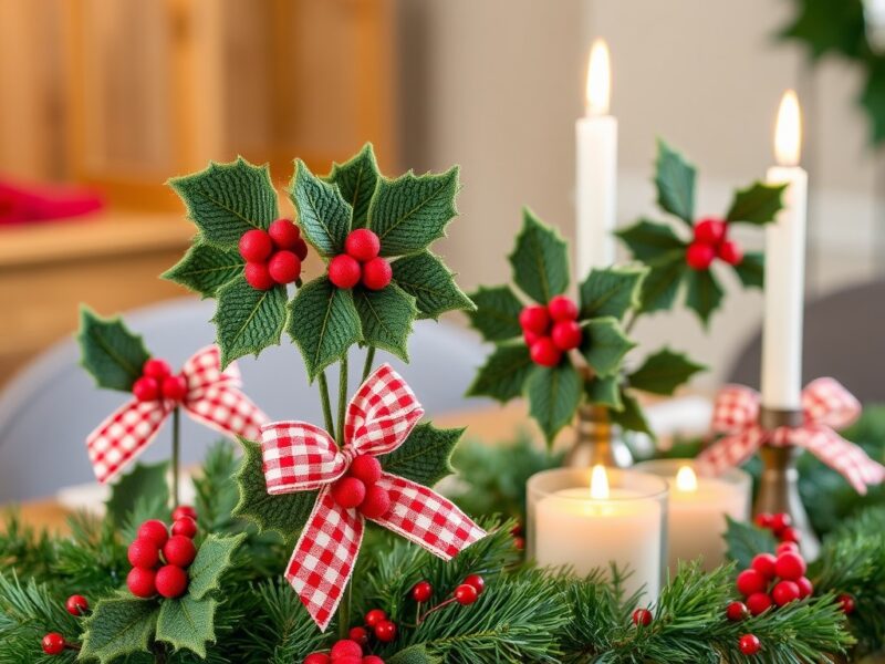 A beautifully handcrafted Christmas decoration featuring holly leaves, red berries, and intricate details, adding festive charm.