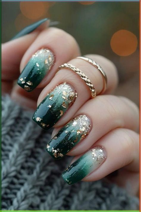 Dark green nails with a subtle hint of sparkle, adding a touch of elegance. #darkgreennails #sparklenails #glitternails