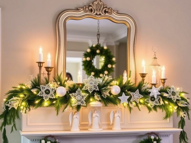 An elegant vintage holiday mantel and soft glowing candles for a festive touch.