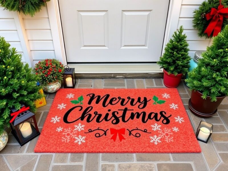 A holiday-themed welcome mat featuring a cheerful design with Christmas trees, snowflakes, and a festive greeting at the entrance.