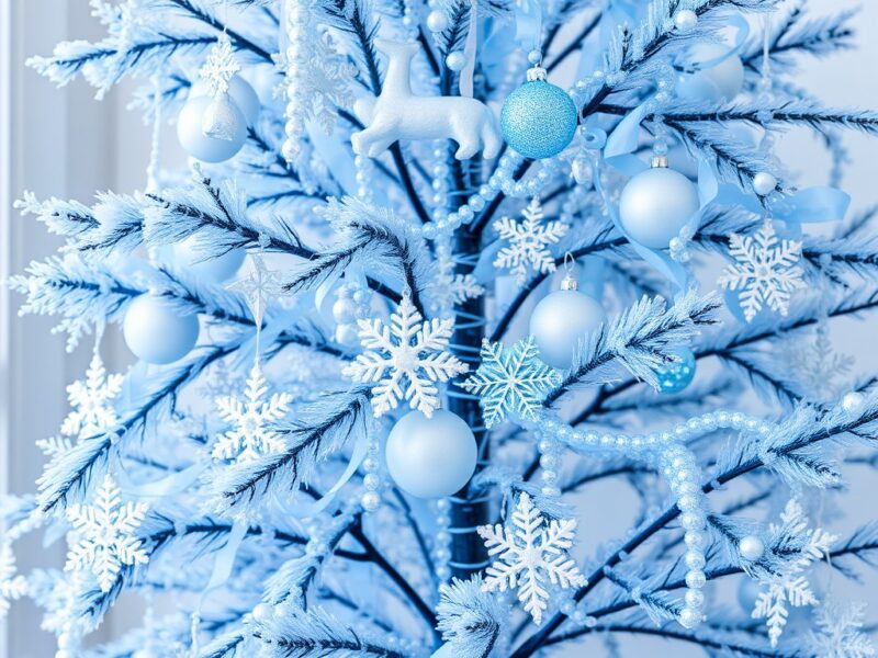 A beautifully decorated Christmas tree with icy blue ornaments, white snowflakes, and shimmering silver accents, creating a winter wonderland effect.