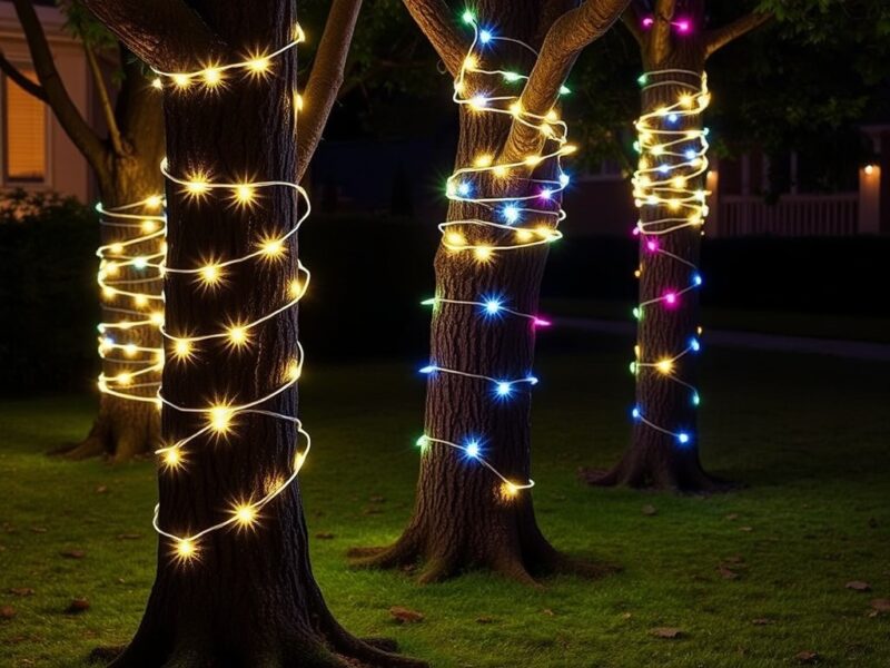 Tree trunks wrapped in glowing string lights, creating a magical illuminated effect in a festive outdoor holiday display.