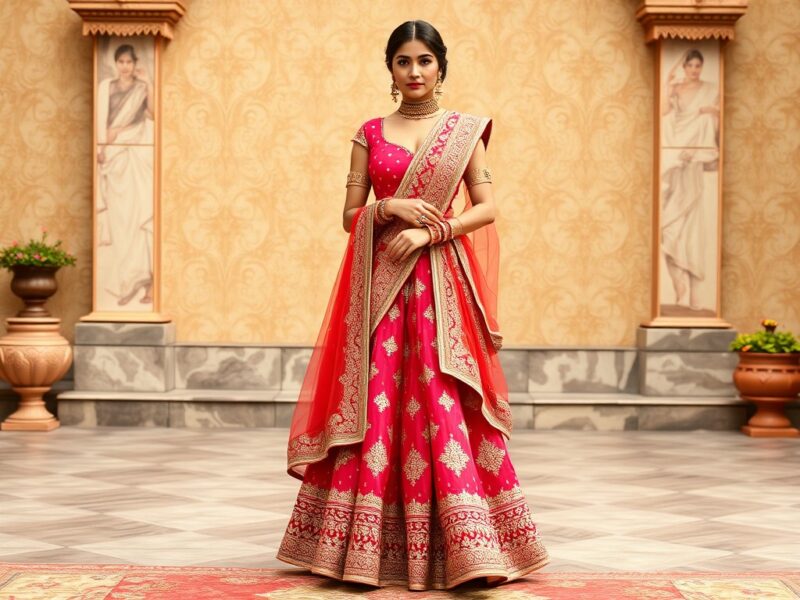 A woman adorned in a stunning, embellished Indian Lehenga, a traditional outfit consisting of a long, flowing skirt.