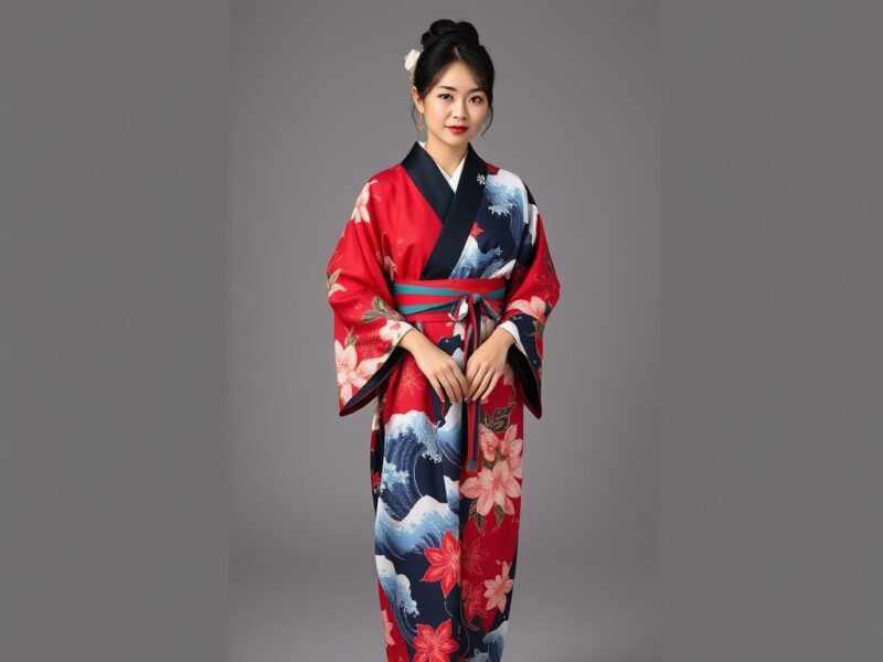 A woman gracefully wearing a traditional Japanese Kimono, and a robe made of silk