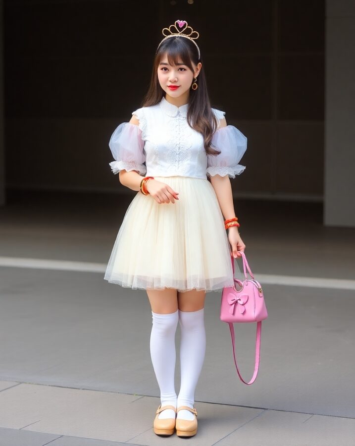 A lady dressed in a whimsical Kawaii Princess outfit, embracing the adorable and playful spirit of Harajuku fashion.