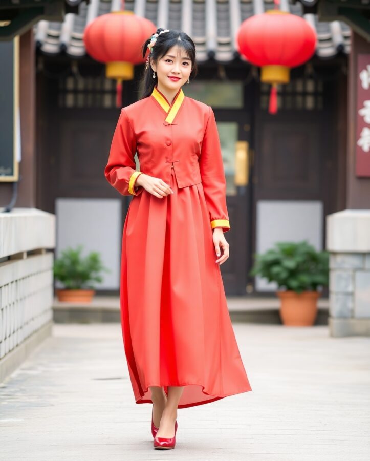 A person wearing a traditional Korean Hanbok, a colorful outfit consisting of a long, flowing skirt  and a matching jacket.