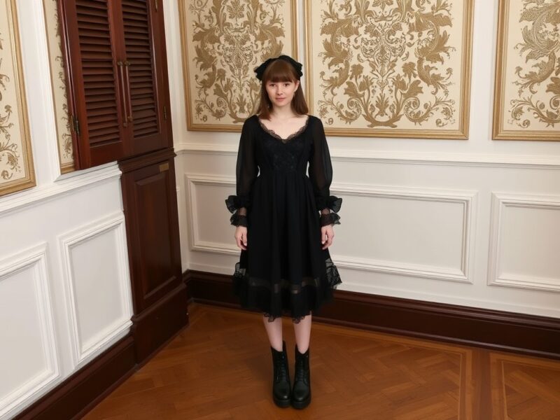 A lady dressed in an elegant Innocent World jumper dress, showcasing the dark and mysterious allure of Kuro Lolita fashion.