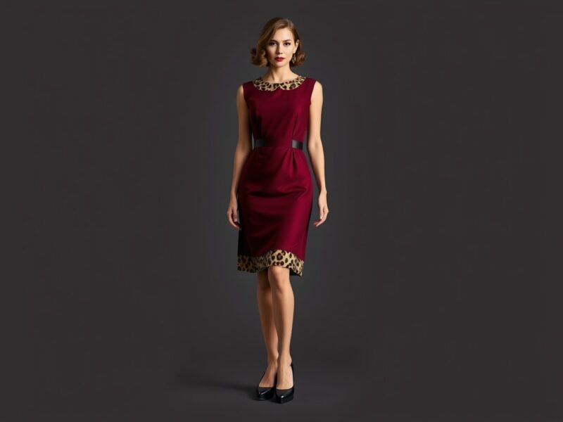 A lady dressed in a striking burgundy dress with leopard-trimmed accents, featuring a fitted silhouette, bold neckline, and retro glamour details for a fierce and stylish 'dress to impress' outfit.