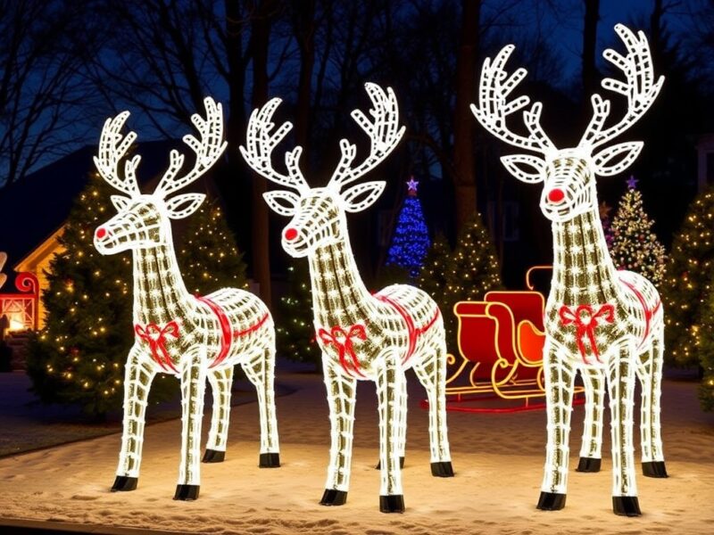 A glowing outdoor display of three light-up reindeer, adorned with twinkling lights.