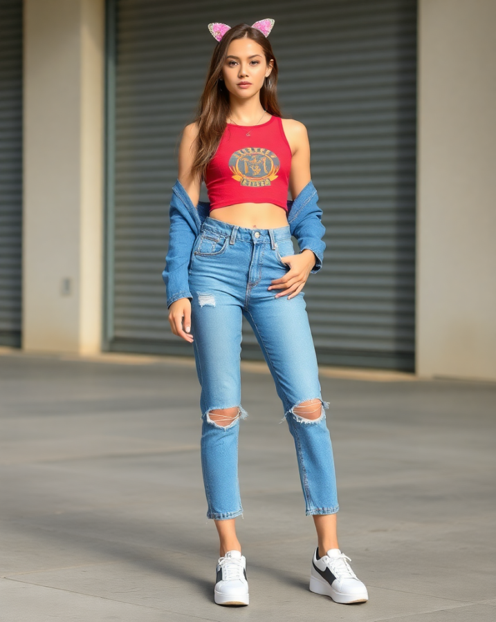 A lady dressed in a classic Y2K outfit featuring low-rise denim and a stylish crop top, embodying the confident and playful spirit of the era.