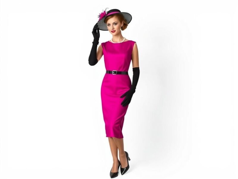 A lady in a bold magenta dress with a retro glamour aesthetic, featuring a sleek silhouette, elegant neckline, and vibrant hue for a striking 'dress to impress' statement.